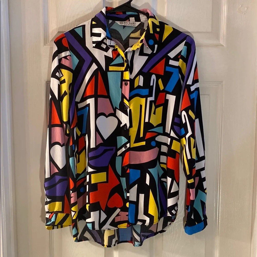 BIG DART Multicolored Pop Art Retro Button Down Long Sleeve Shirt - Picture 3 of 11